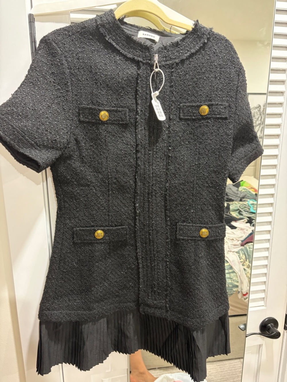 Sandro Black Tweed Jacket with Gold Buttons
